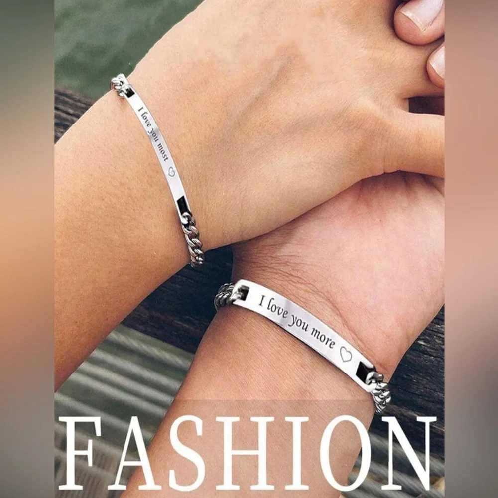 2pcs Set Simple Titanium Steel Engraved I Love You More\ I Love You Most Couple